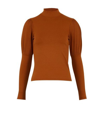 Rust Ribbed Puff Sleeve High Neck Top | New Look
