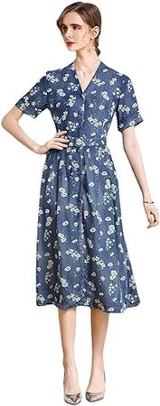 PlauPoa Short Sleeve Tensilk Denim Dress V Neck Belt Waist Print Denim Dress at Amazon Women’s Clothing store