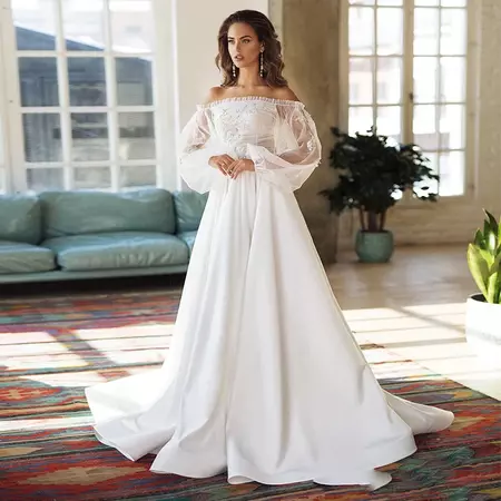 Exquisite Off The Shoulder Beading Beach Wedding Dresses Long Puff Sleeves Princess Bride Dresses A-line Tulle Bridal Gowns 2021 - Wedding Dresses - AliExpress