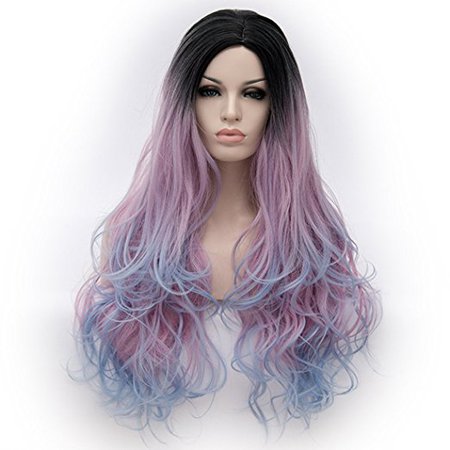 Alacos Synthetic 75CM Long Curly Rainbow Color Ombre Halloween Costumes Cosplay Harajuku Wigs for Women Lady Girl +Free Wig Cap (Black Ombre to Pink/Blue)