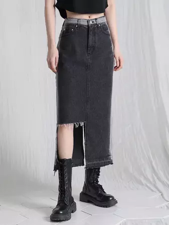 Side Line Long Denim Skirt_Black | W Concept