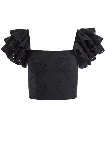 Tawny Eyelet Square Neck Ruffle Crop Top In Black | Alice And Olivia