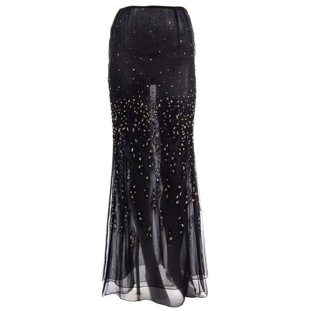 Vintage Bill Blass Beaded Black Long Sheer Evening Skirt W Sequins & Beads