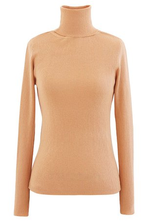 Turtleneck Ribbed Fitted Knit Top in Apricot - Retro, Indie and Unique Fashion