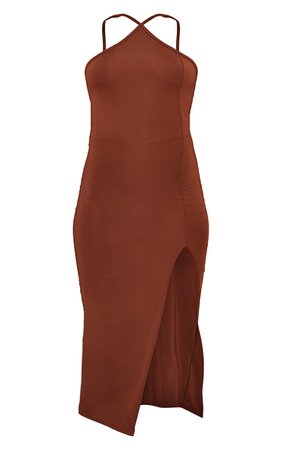 Chocolate Racer Neck Strappy Split Midi Dress | PrettyLittleThing USA