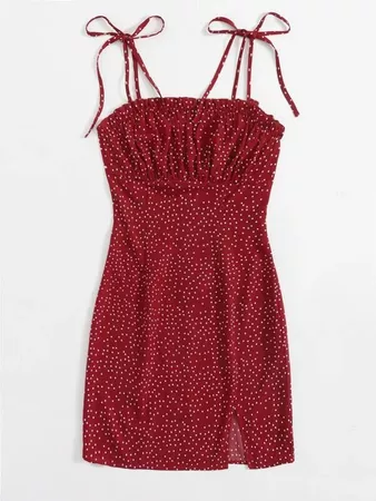 red Polka Dot Print Tie Shoulder Split Hem Cami Dress | SHEIN USA