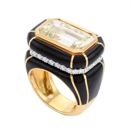 Platinum, Gold, 10.18ct Yellow Diamond, Enamel and Diamond Ring: $129,305
