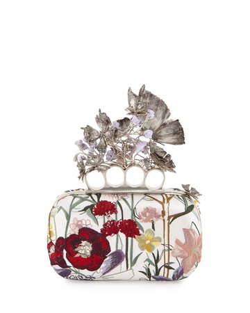 Alexander McQueen Flower-Embroidered Knuckle Box Clutch Bag, White Multi