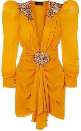 Dundas - Embroidered Chiffon Mini Dress - Yellow