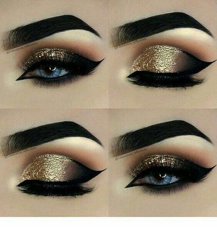 Gold Shimmer Eye Makeup w/ Black Eyeliner