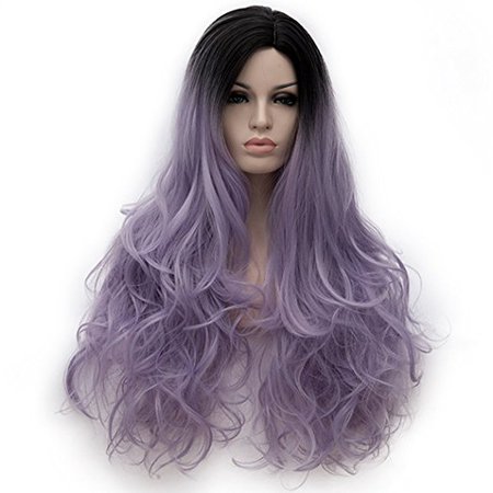 Alacos Synthetic 75CM Long Curly Rainbow Color Ombre Halloween Costumes Cosplay Harajuku Wigs for Women Lady Girl +Free Wig Cap (Black Ombre to Light Purple)