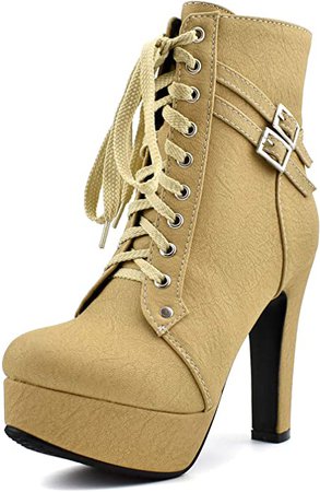 100FIXEO Women Sexy Platform Chunky High Heels Lace-Up Buckle Strap Ankle Boots Shoes