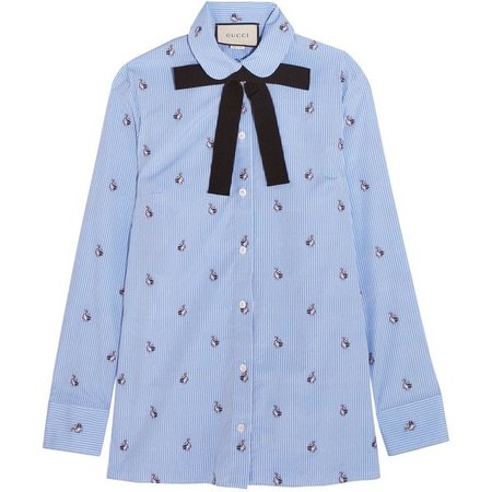 GUCCI Bow-embellished embroidered striped cotton shirt