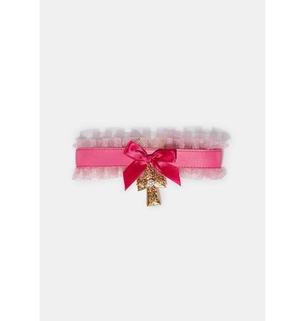 Ruffle Bow Choker Necklace With Cross Charm - Pink/Gold | Dolls Kill