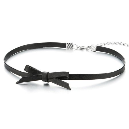 COOLSTEELANDBEYOND Ladies Black Leather Bow Choker Necklace Pendant