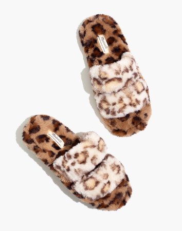 Two-Strap Scuff Slippers in Leopard Recycled Faux Fur
