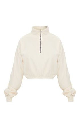 Cream Rib Zip Front Long Sleeve Sweater | PrettyLittleThing