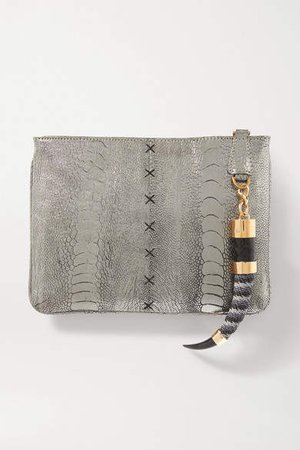 Okapi - Embellished Metallic Ostrich Clutch - Silver