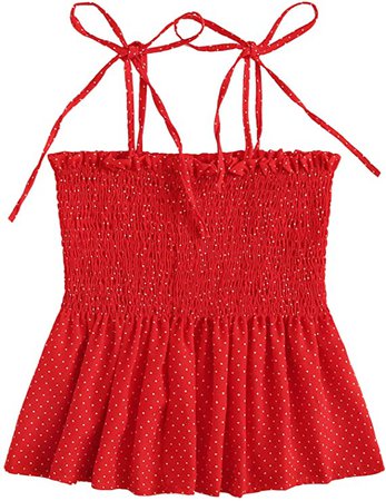 SheIn Women's Frill Tie Shoulder Strappy Ruffle Hem Pleated Bandeau Tube Cami Top Blouse Polka Dots Small White