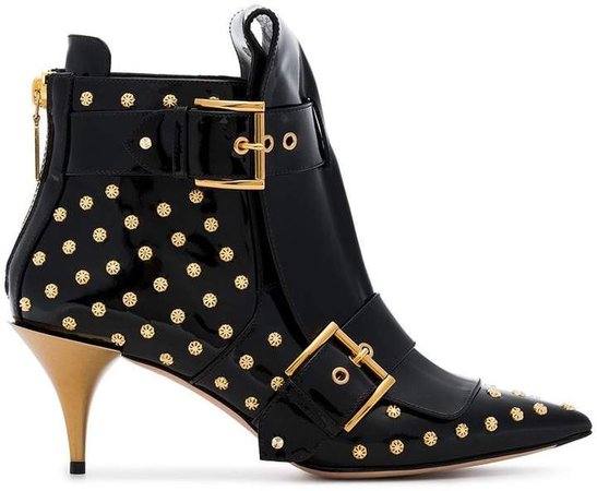 Black 75 Buckle Studded Patent Leather Boots