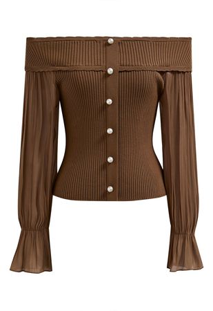 Off-Shoulder Organza Sleeves Spliced Crop Top in Brown - Retro, Indie and Unique Fashion