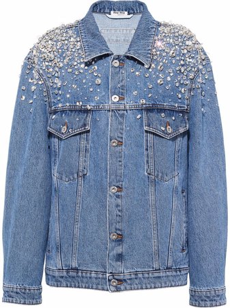 Shop Miu Miu crystal-embellished denim jacket with Express Delivery - FARFETCH