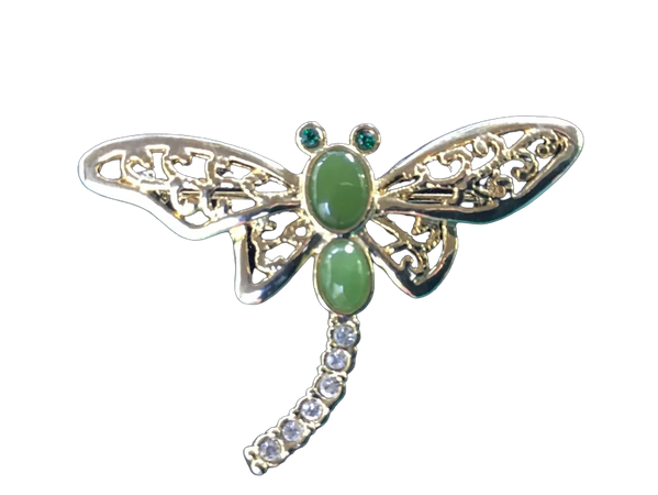 Green Dragonfly Brooch/Pin, Filagree Gold-tone - Green Stones, Faux Diamonds