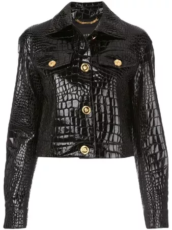 Versace Cropped Croc-effect Leather Jacket In Black | ModeSens