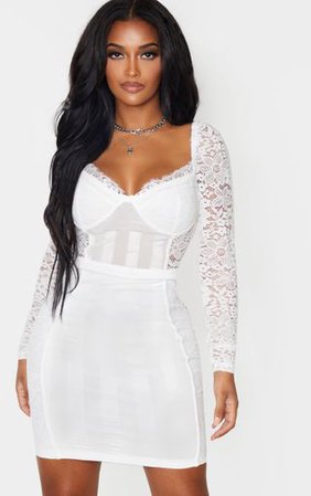 Shape White Lace Mesh Stripe Long Sleeve Dress | PrettyLittleThing