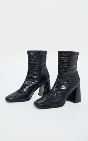 Black Croc Up Square Toe Block Heel Sock Boots | PrettyLittleThing USA