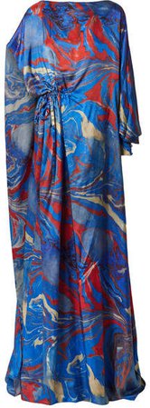 Lady Liberty Gathered Printed Crepe De Chine Gown - Blue