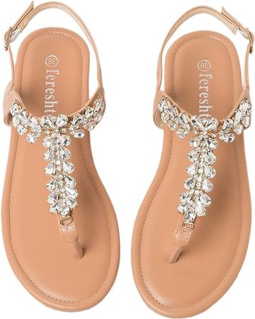 fereshte Women's T Strap Rhinestone Flat Sandals, Women Flip Flops Beaded Crystal Jeweled Summer Sandals Nude 42 - insole length: 26cm/10.24 inch - US 9.5 | Flats