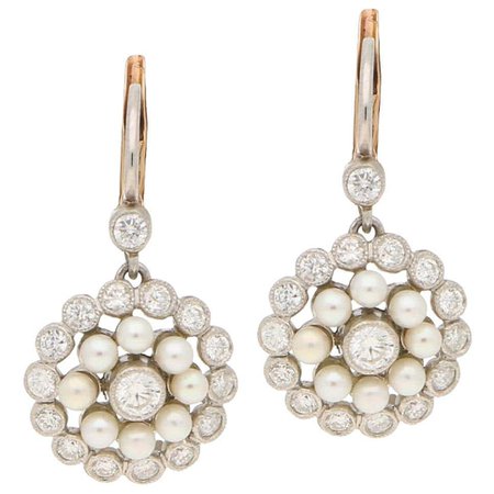 Pearl and Diamond Lever-Back Cluster Drop Earrings Set in 18 Karat Gold For Sale at 1stDibs