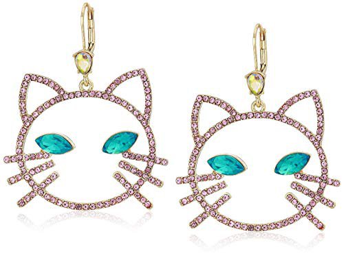 Betsey Johnson Women's Pink Stone Open Cat Face Drop Earrings, One Size: Jewelry