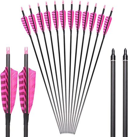 Amazon.com : Huntingdoor 31 Inch Hunting Carbon Arrows, Replaceable Points Tips Arrows with 4 Inch Real Feather Fletching,400 Spine Targeting Arrows for Recurve Bow Longbow Practice Pink (Pack of 6) : Sports & Outdoors