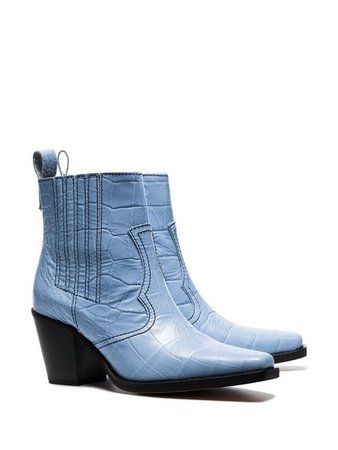 Ganni blue Callie 70 crocodile-embossed leather ankle boots