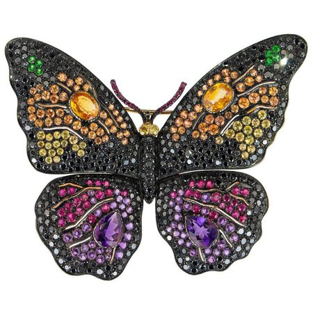 18k Gold Black Diamond and Gem Butterfly Brooch
