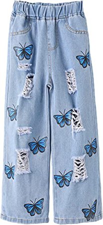 Amazon.com: WDIRARA Girl's Butterfly Print Elastic Waist Wide Leg Ripped Jeans Denim Pants: Clothing, Shoes & Jewelry