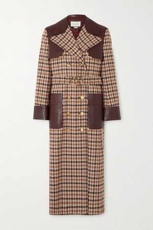 Brown Belted leather-paneled checked wool-blend trench coat | Gucci | NET-A-PORTER