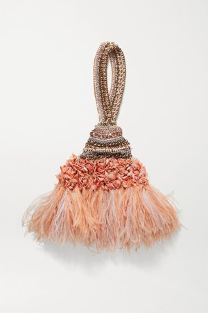 Pink Laine faux feather-trimmed embellished velvet tote | Nannacay | NET-A-PORTER