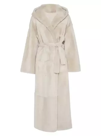 Shop Brunello Cucinelli Reversible Shearling Coat With Hood, Belt And Monili | Saks Fifth Avenue
