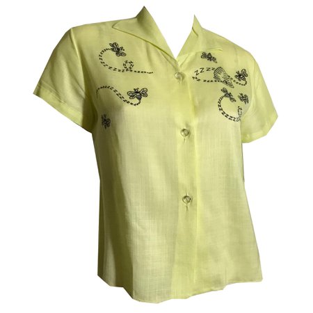 Buzzy Bees! Pale Yellow Button Front Blouse with Bee Print circa 1950s – Dorothea's Closet Vintage