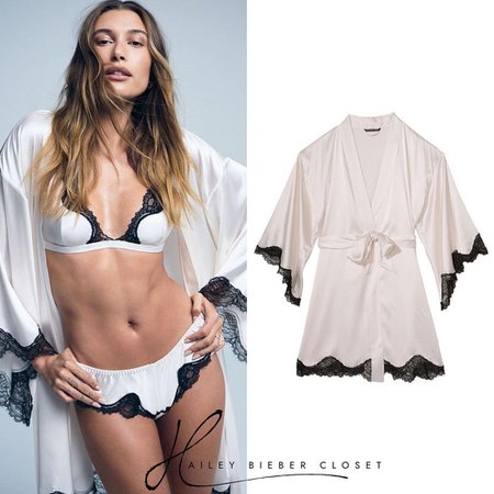 Hailey Bieber Closet • VictoriasSecret limited-edition stretch-silk collection wearing the 4-Piece Silk Gift Set in Coconut White ($298.00)
