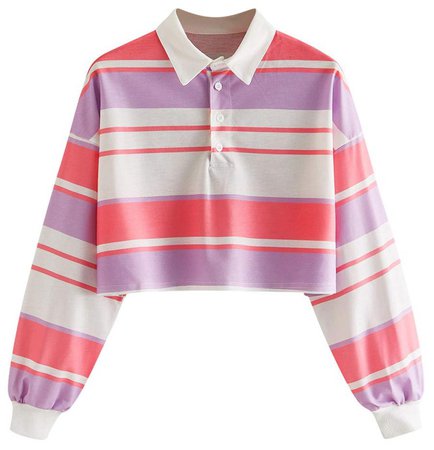 Striped Collared Long Sleeve Crop Top Pink and Purple Multicolor
