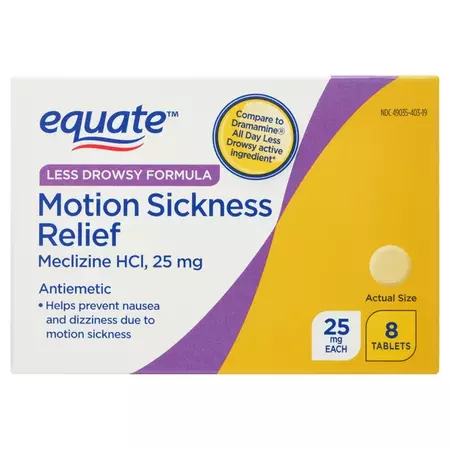 Equate Less-Drowsy Formula Motion Sickness Relief Meclizine HCI Tablets, 25 mg, 8 Count - Walmart.com