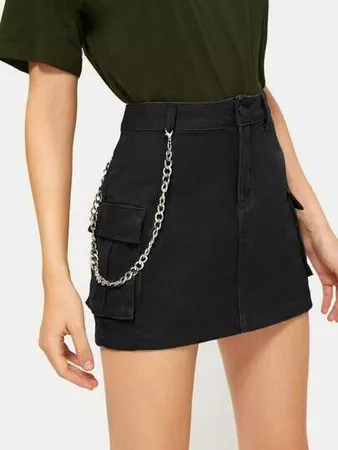 Button Waist Chain Detail Denim Skirt | ROMWE