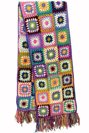 Carnaby Granny Square Scarf Handmade Crochet Winter Muffler Boho Fringed Super Soft Scarves Choose Black White Gray Four Row Or Three Row - ShopperBoard