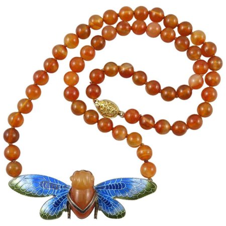 Chinese Carved Carnelian and Enamel Cicada Necklace. Vermeil Silver 1920s. at 1stDibs