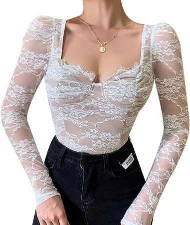 Long Sleeve Crop Tops for Women Floral Lace Sexy Bodycon Scoop Gothic Aesthetic Clothes Harajuku Slim T Shirts for Girls at Amazon Women’s Clothing store