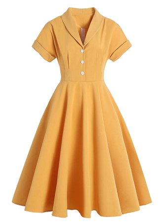 Yellow 1950s Solid Buttoned Swing Dress – Retro Stage - Chic Vintage Dresses and Accessories